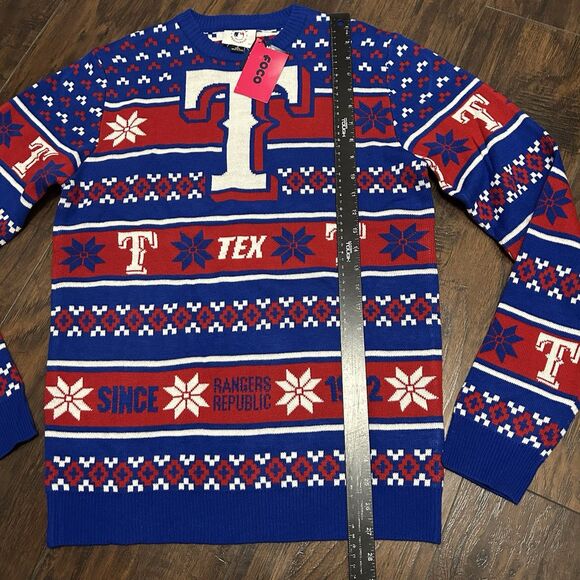 NWT FOCO Christmas Sweater Texas Rangers Red White Blue MLB Small - Picture 2 of 8